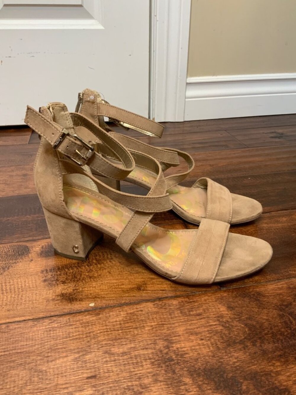 Circus by Sam Edelman Tan Suede Leather Stella Block Heel Sandals, Size 8.5